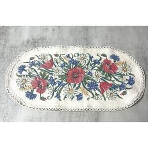Vintage Halltex Austrian Folk Art Doily Oval Floral Art Crochet Trim 13.5" x7.5"